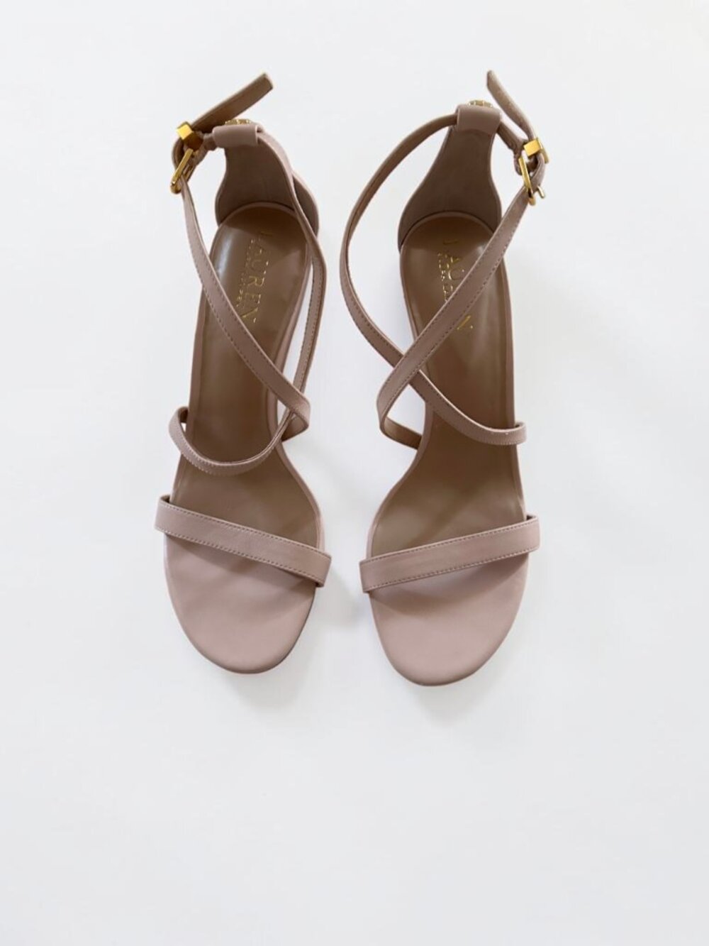 Lauren Ralph Lauren Gabriele Blush Leather Wood Heel Sandals Size 8.5 NWT
